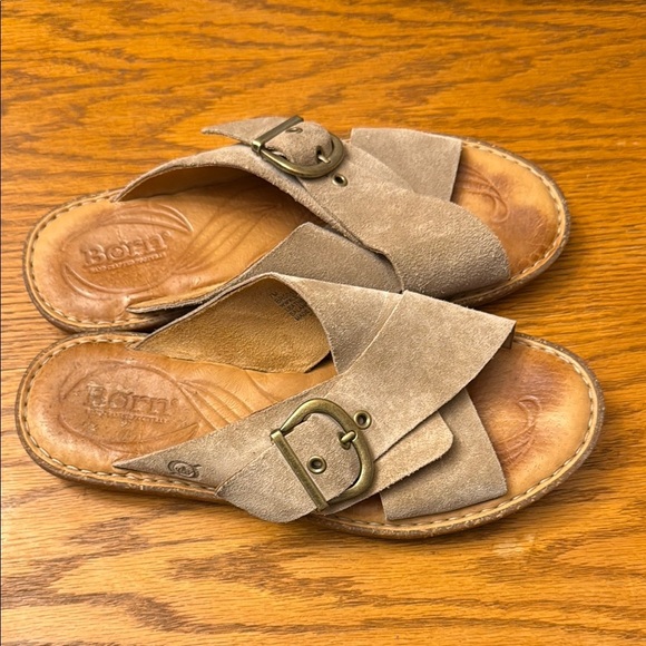 Tan Suede Slide Sandals with Buckle - Picture 2 of 4